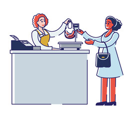 Butchery Shop Concept. Female Character is Buying Meat Products, Standing At The Register In Butchery Shop. Shop Assistant Weight And Sale Products. Cartoon Linear Outline Flat Vector Illustration