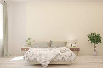 Stylish bedroom in white color. Scandinavian interior design. 3D illustration