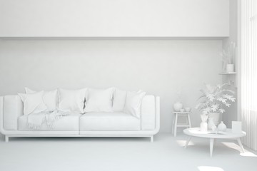 Mock up of minimalist living room in white color with sofa. Scandinavian interior design. 3D illustration