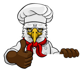 An eagle chef mascot cartoon character peeking round a sign and giving a thumbs up