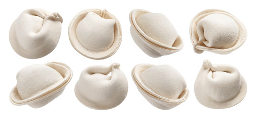 Raw dumplings, frozen russian pelmeni isolated on white background