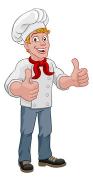 A chef cook or baker cartoon character mascot gving a double thumbs up