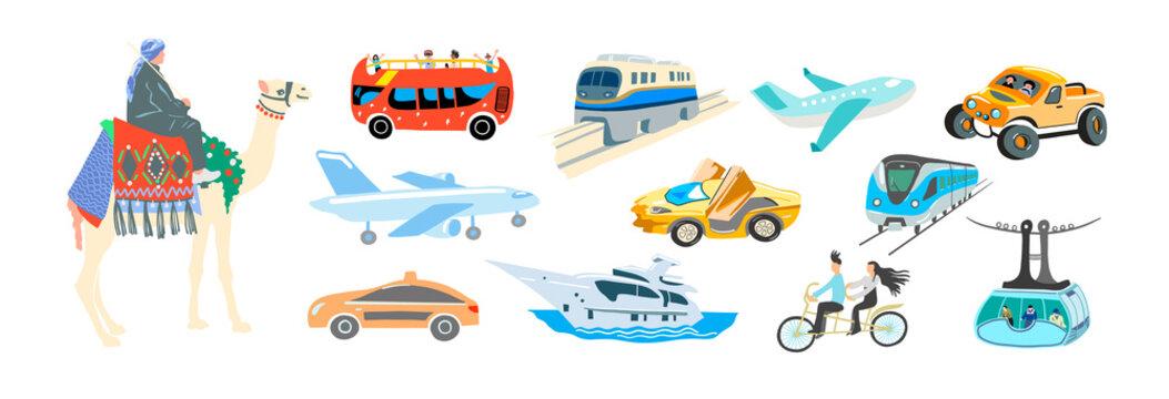 set of hand drawing flat style transport - various means of transportation,