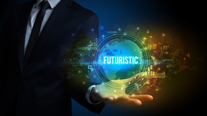 Elegant hand holding FUTURISTIC inscription, digital technology concept