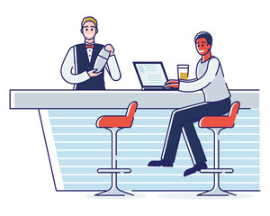 Concept Of Spending Time In A Bar. Man Is Having A Good Time Working Remotely On Laptop At A Bar Counter. Man Bartender Professionally Make A Cocktail. Cartoon Outline Linear Flat Vector Illustration