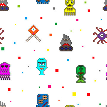 Seamless pattern with monsters and robots. Vector illustration on white background.