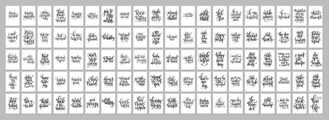set of 100 positive quotes posters, hand lettering separately phrases, motivation and inspiration text