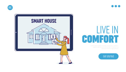 Concept Of Smart House Mobile App, Smart Home. Website Landing Page. Woman Is Setting Up Smart House Intelligence Technology On Huge Tablet. Web Page Cartoon Linear Outline Flat Vector Illustration