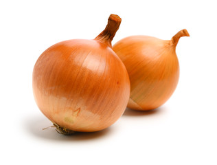 Gold onion vegetable bulbs on white background