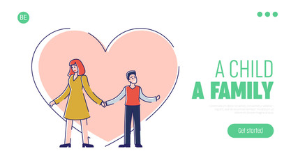 Concept Of Care, Love And Adoption. Mother And Son On The Big Heart Background. Website Landing Page. Woman Has Adopted Child From Orphanage. Web Page Cartoon Outline Linear Flat Vector Illustration