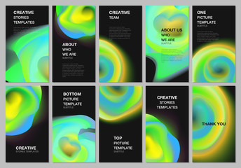 Social networks stories design, vertical banner or flyer templates. Covers design templates for flyer, brochure cover, presentation. Colorful gradient fluid backgrounds with dynamic liquid forms.