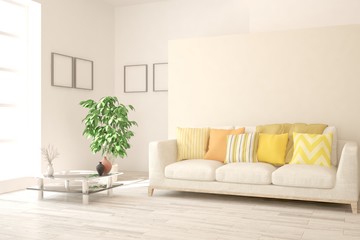 Fototapeta premium Modern living room in white color with sofa. Scandinavian interior design. 3D illustration