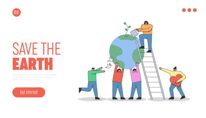 Concept Of Earth Day Environment protection. Cartoon Males And Females Characters Are Celebrating Earth Day. People Show Care And Love To Planet Earth. Cartoon Linear Outline Flat Vector Illustration