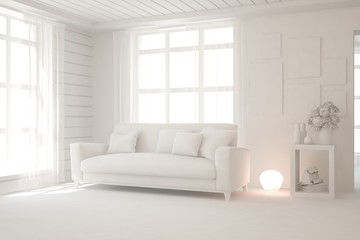 Mock up of minimalist living room in white color with sofa. Scandinavian interior design. 3D illustration