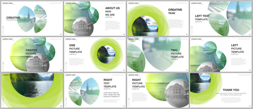 Presentation design vector templates, multipurpose template for presentation slide, flyer, brochure cover design, infographic report presentation. Abstract green fresh fluid geometric design.