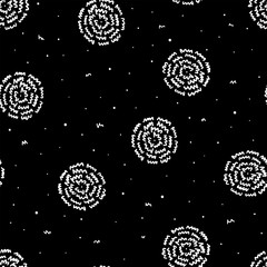 Seamless abstract flowers pattern on black background. Hand drawn vector illustration of abstract flowers and dots.