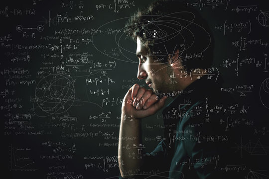 Training and research, concept. Pensive man and physical and mathematical formulas