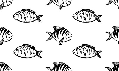 Vector hand drawn doodle fish icon. Logo design template. Cute hand drawn childish linear illustration for print, web