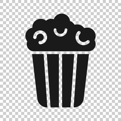 Film icon in flat style. Popcorn vector illustration on white isolated background. Pop corn bucket business concept.