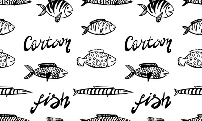 Vector hand drawn doodle fish icon. Logo design template. Cute hand drawn childish linear illustration for print, web