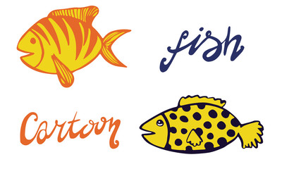 Vector hand drawn doodle fish icon. Logo design template. Cute hand drawn childish linear illustration for print, web