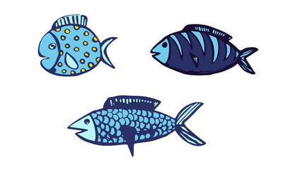 Vector hand drawn doodle fish icon. Logo design template. Cute hand drawn childish linear illustration for print, web