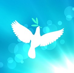 White dove flying in blue sky. Beak has green olive branch. Symbol of peace. Shining blur background.
