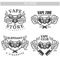 Elephant head vapor e-cigarette vape vaporizer cigarette vape vaporizer electrical electronic smoke vaping label set Vintage style logo. Scalable and editable Vector illustration.