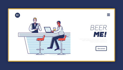 Concept Of Pastime In A Bar. Website Landing Page. Man Work Remotely On Laptop At A Bar Counter. Man Bartender Professionally Make A Cocktail. Web Page Cartoon Outline Linear Flat Vector Illustration