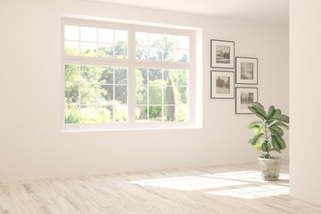 Stylish empty room in white color with summer landscape in window. Scandinavian interior design. 3D illustration