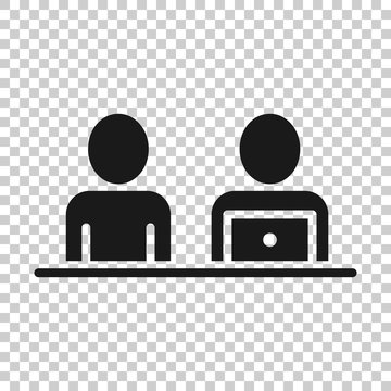 People With Laptop Computer Icon In Flat Style. Pc User Vector Illustration On White Isolated Background. Office Manager Business Concept.