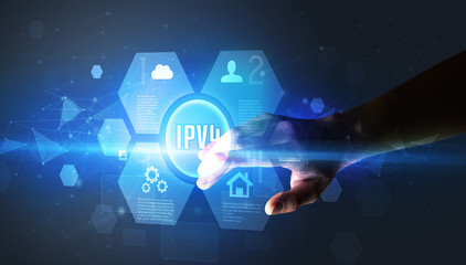 Hand touching IPV4 inscription, new technology concept
