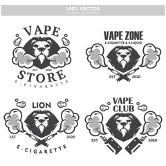 Lion head vapor e-cigarette vape vaporizer cigarette vape vaporizer electrical electronic smoke vaping label set Vintage style logo. Scalable and editable Vector illustration.