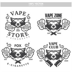 Fox head vapor e-cigarette vape vaporizer cigarette vape vaporizer electrical electronic smoke vaping label set Vintage style logo. Scalable and editable Vector illustration.