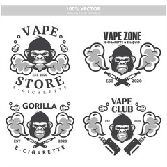 Gorilla head vapor e-cigarette vape vaporizer cigarette vape vaporizer electrical electronic smoke vaping label set Vintage style logo. Scalable and editable Vector illustration.