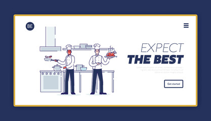 Restaurant Concept. Website Landing Page. Restaurant Staff At Workplace. Commercial Kitchen with Characters Chefs Cooking Food For Customers. Web Page Cartoon Linear Outline Flat Vector Illustration