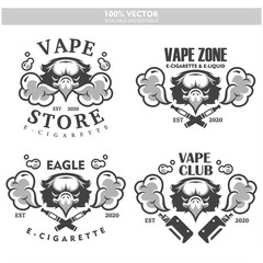 Eagle head vapor e-cigarette vape vaporizer cigarette vape vaporizer electrical electronic smoke vaping label set Vintage style logo. Scalable and editable Vector illustration.