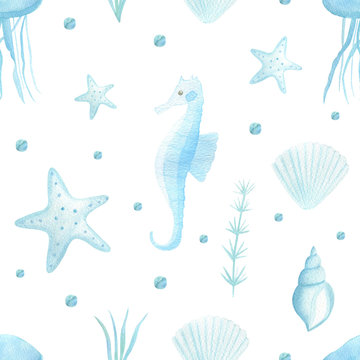 Cute watercolor seamless pattern with sea creatures for children. Sea, ocean life background for kid's textile, children, nursery fabric. Starfish, seashell watercolor hand drawn on white background.