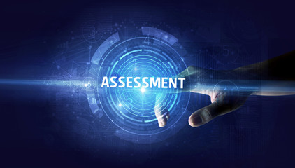 Hand touching ASSESSMENT button, modern business technology concept