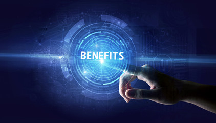 Hand touching BENEFITS button, modern business technology concept