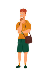 Vector character ginger man traveler eats hot dog