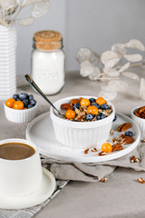 family breakfast. granola with fresh fruits.