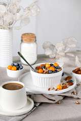 family breakfast. granola with fresh fruits.