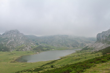 Cangas de Onis, Asturias/Spain; Aug. 05, 2015. Lakes of Covadonga in the Picos de Europa National Park. People walking on the different routes available