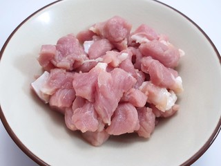 Top view of pork sliced in white bowl as a background, fresh meat for grill or cooking