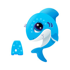 vector icon of a funny cartoon cute shark with the letter of the Russian alphabet and big eyes, teaching kids to read and write, learning online, stay at home isolated on white, eps 10