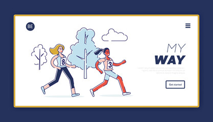 Concept Of Running Marathon, Healthy Lifestyle. Website Landing Page. Women Are Running Marathon. Healthy Running Marathon Athletes Sprinting. Web Page Cartoon Linear Outline Flat Vector Illustration