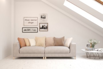 Modern living room in white color with sofa. Scandinavian interior design. 3D illustration