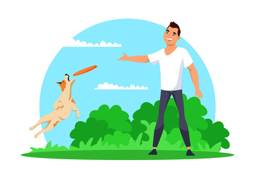 Vector characters man plays with dog flying disk