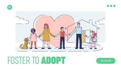 Concept Of Care, Responsibility And Adoption. Website Landing Page. People Take Care Of Homeless Animals. Family Adopt Pets From Animal Shelter. Web Page Cartoon Outline Linear Vector Illustration